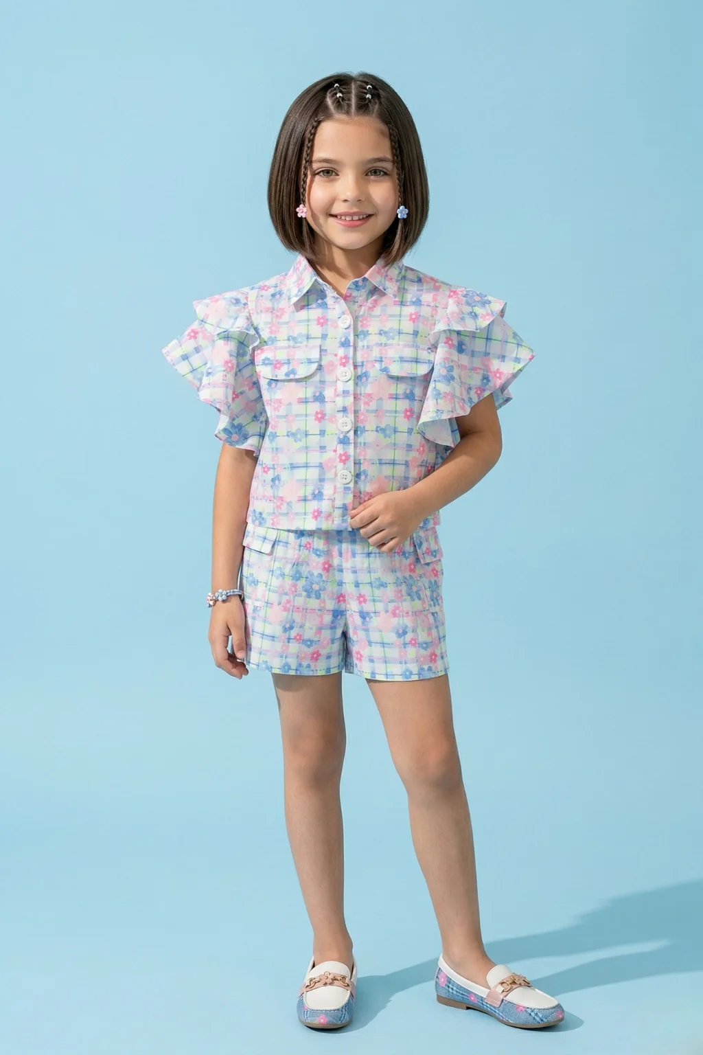 Floral Check Co-Ord Set with Ruffle Top & Shorts SET2031